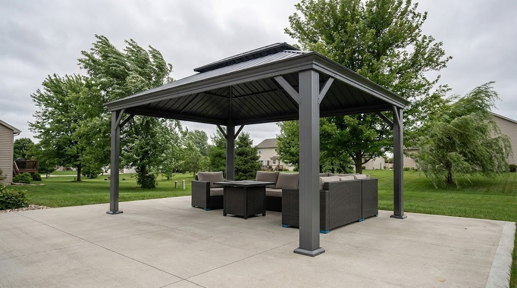 Featured image showing best gazebos for windy areas: what to look for before