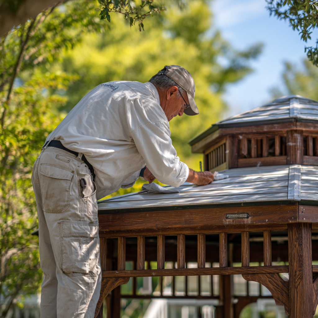 Winter scene showing preparing your gazebo for winter: fall maintenance checklist