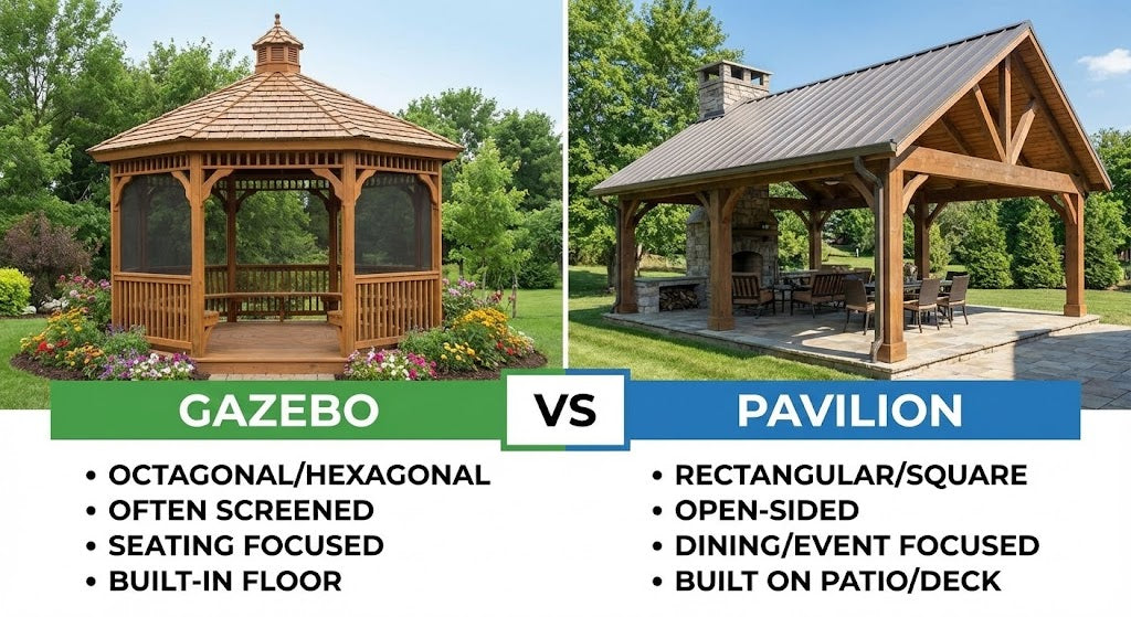 Comparison image of gazebo vs pavilion: what’s the difference and which is