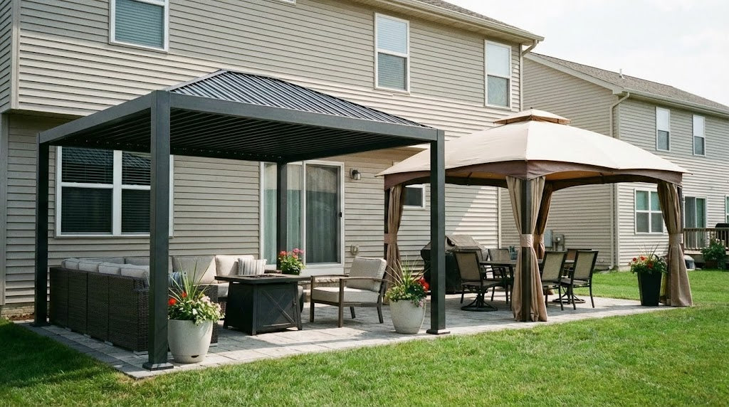 Comparison image of hardtop gazebo vs soft top: which is right for your