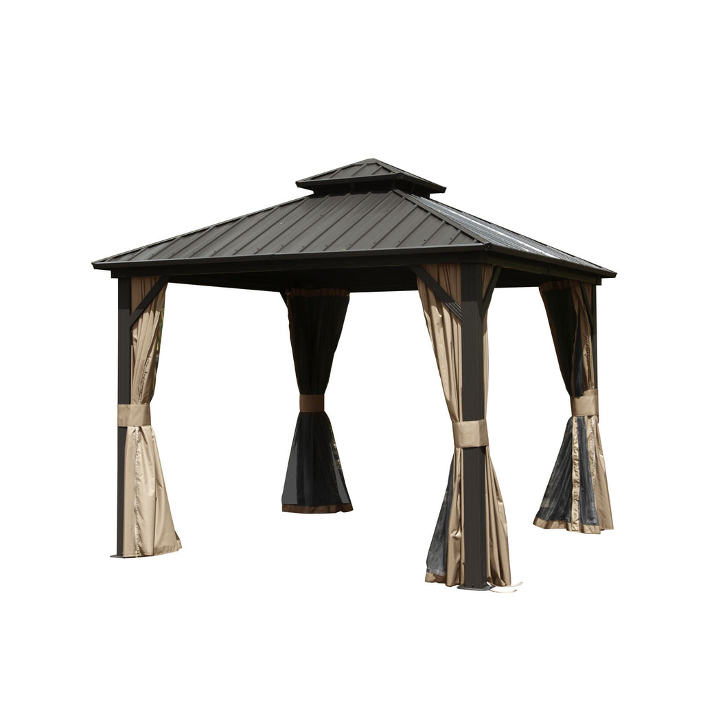 10' x 10' Hardtop Gazebo with Double Roof, Curtains & Netting - Aluminum Frame, Brown