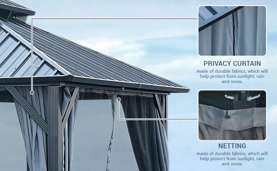 12' x 12' Hardtop Gazebo with Double Roof, Curtains & Netting - Aluminum Frame, Gray - installation view
