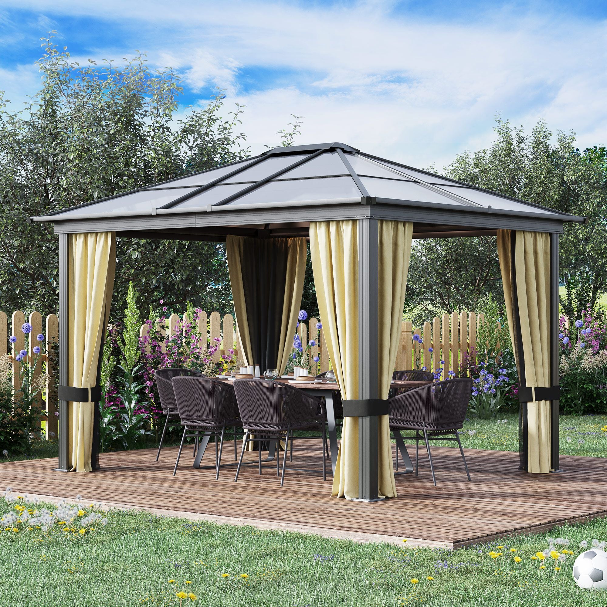 10' x 12' Hardtop Gazebo with Polycarbonate Roof, Curtains & Netting - Aluminum Frame, Beige