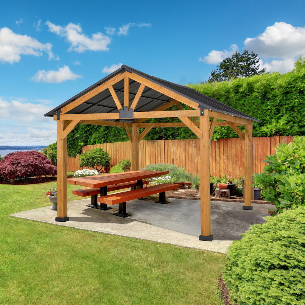 11' x 13' Hardtop Gazebo with Wood Frame & Steel Roof - Ceiling Hook Included, Natural/Black - installation view