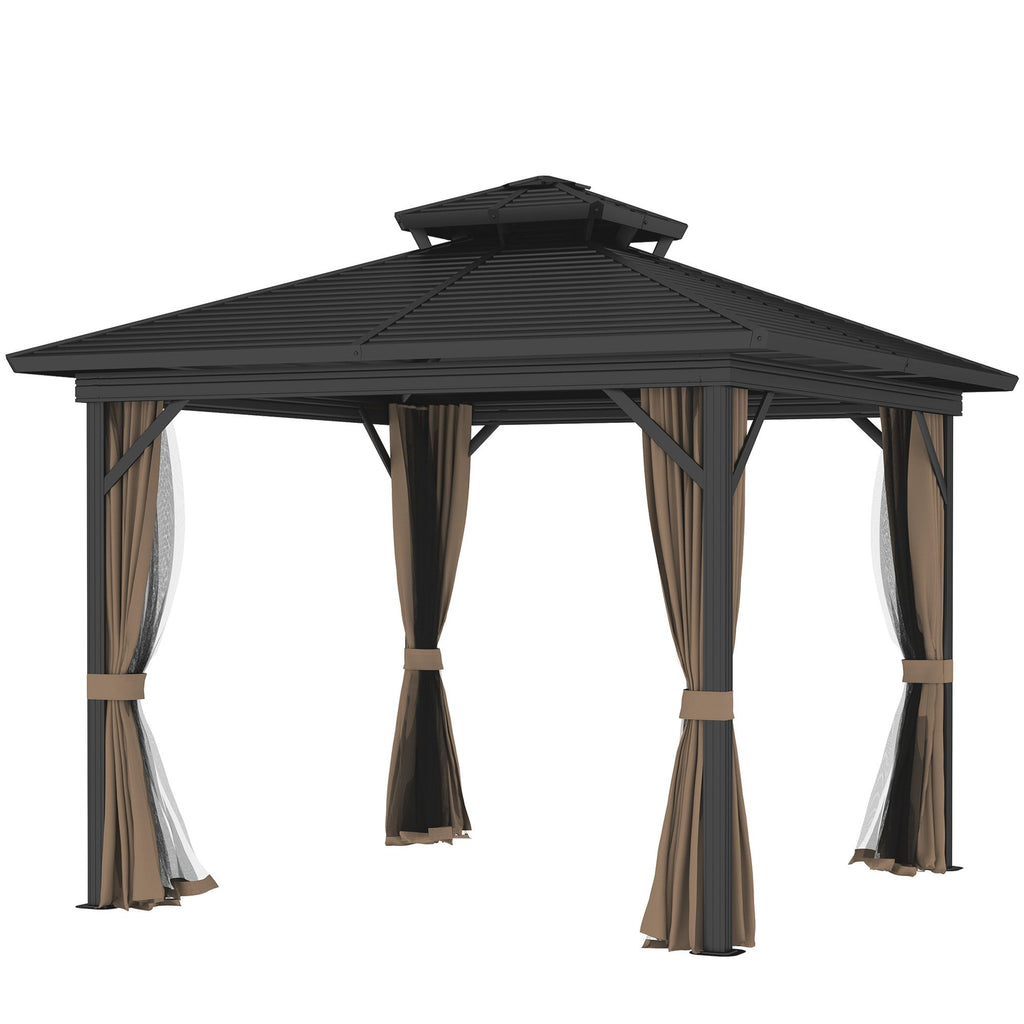 10' x 10' Hardtop Gazebo with Double Roof, Curtains & Netting - Aluminum Frame, Dark Brown - front view