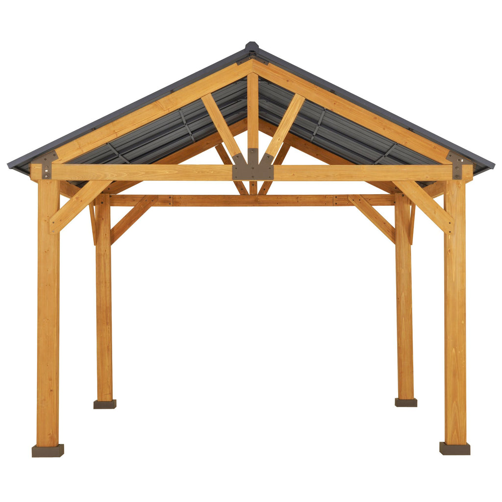 11' x 13' Hardtop Gazebo with Wood Frame & Steel Roof - Ceiling Hook Included, Natural/Black - installation view