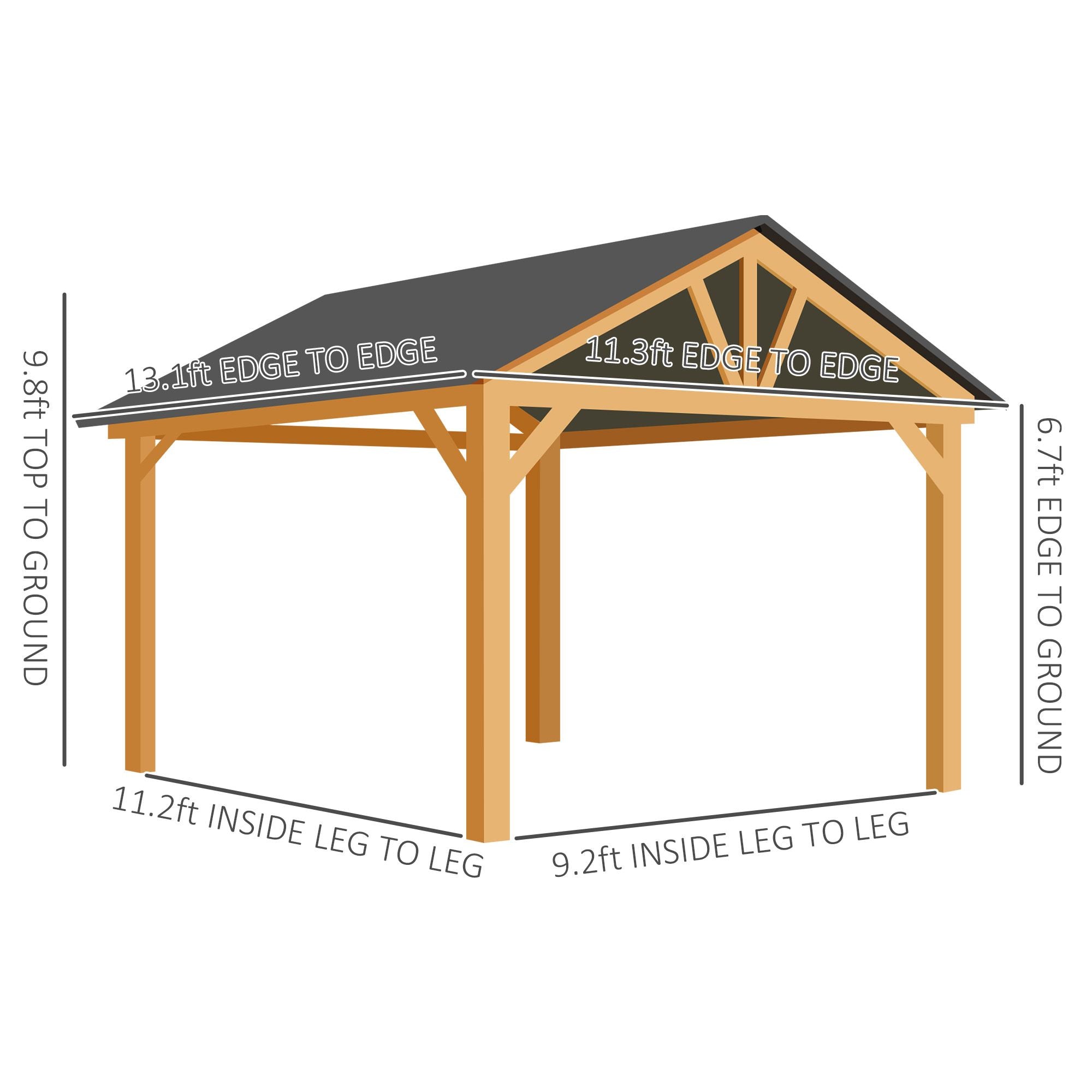 11' x 13' Hardtop Gazebo with Wood Frame & Steel Roof - Ceiling Hook Included, Natural/Black - side view