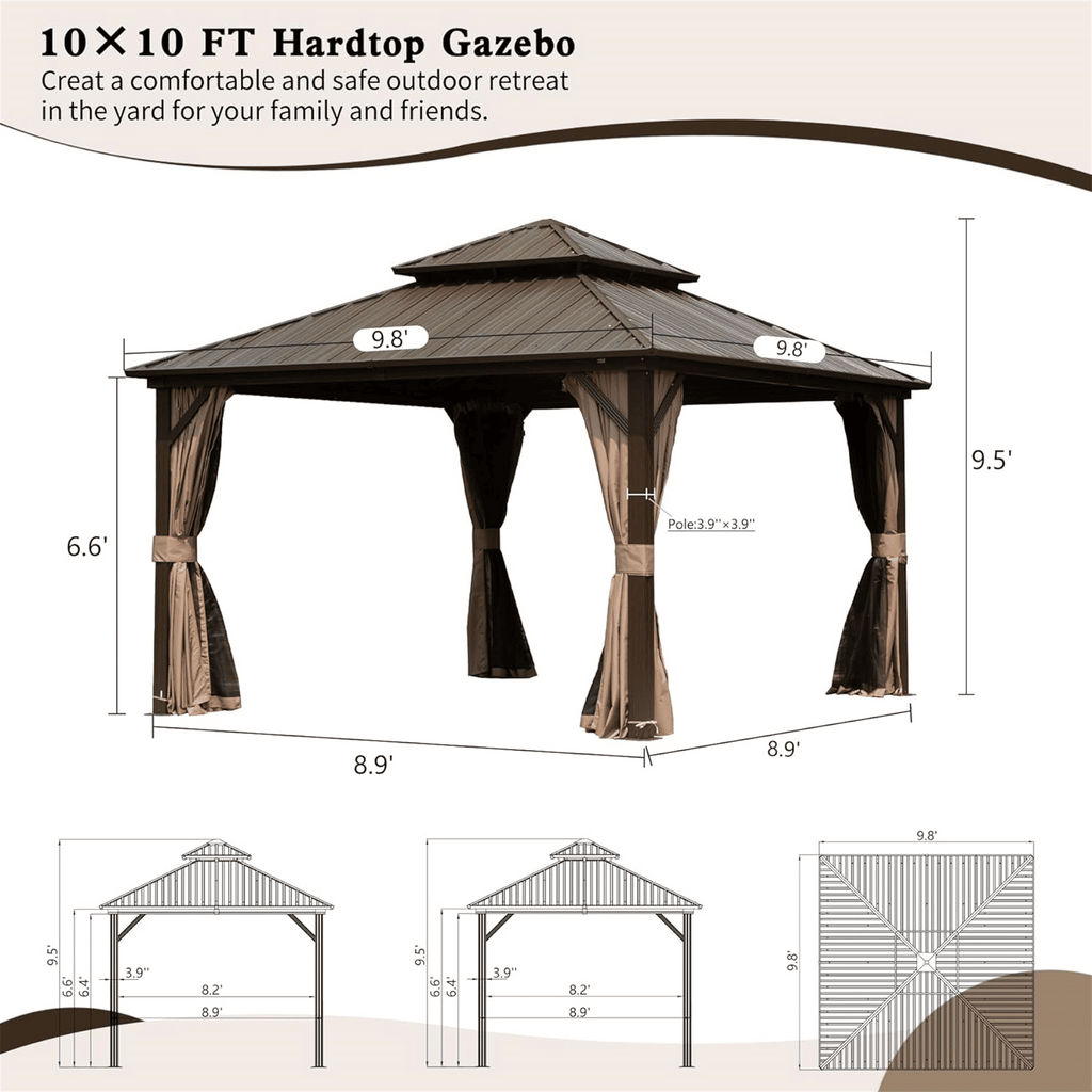 10' x 10' Hardtop Gazebo with Double Roof, Curtains & Netting - Aluminum Frame, Brown - installation view
