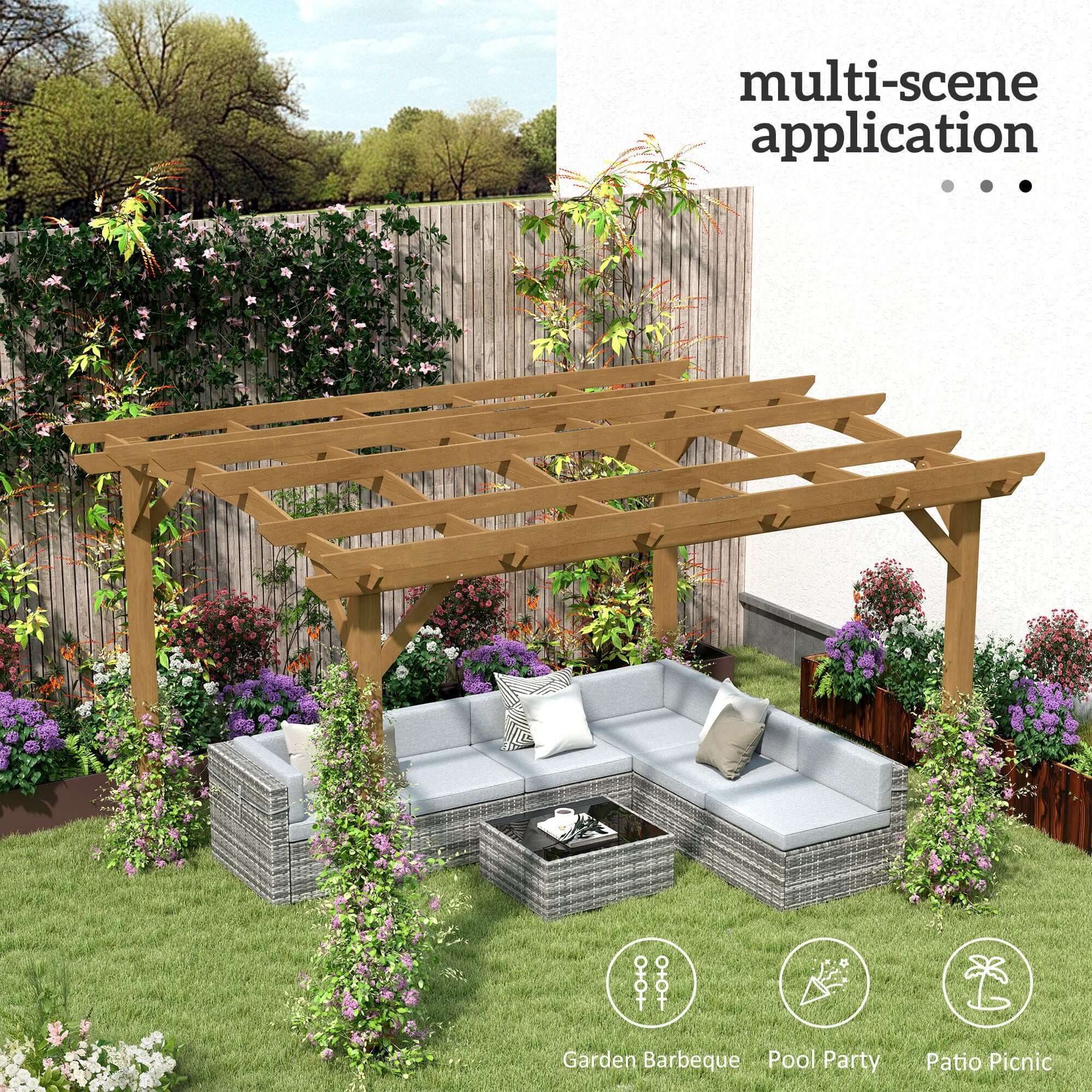 10' x 12' Wood Pergola with Arched Roof - Grape Trellis for Climbing Plants, Dark Brown - installation view