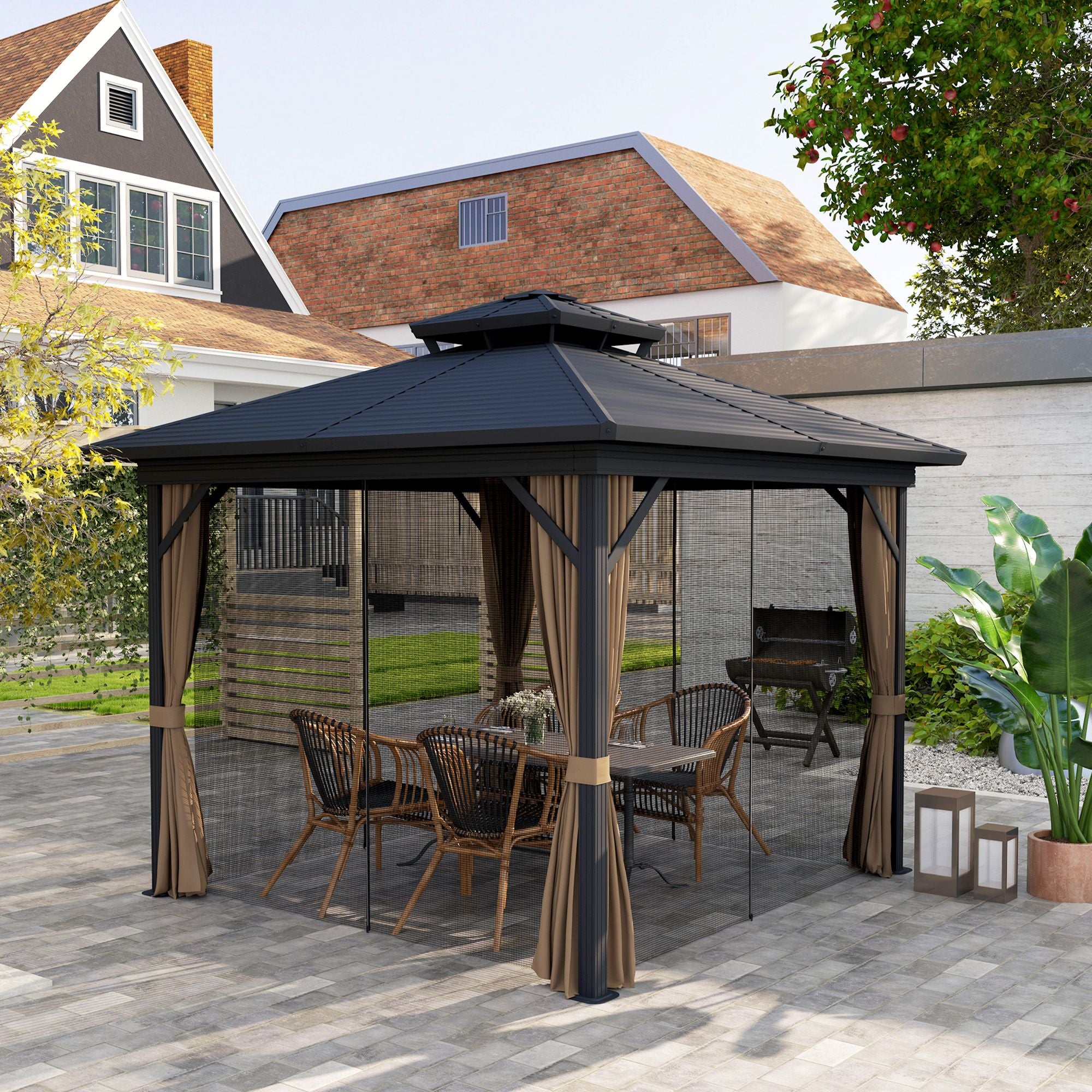 10' x 10' Hardtop Gazebo with Double Roof, Curtains & Netting - Aluminum Frame, Dark Brown - installation view