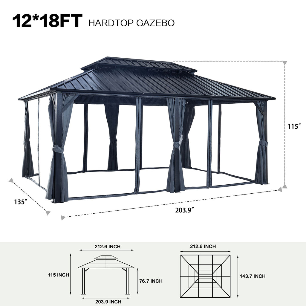 12' x 12' Hardtop Gazebo with Double Roof, Curtains & Netting - Aluminum Frame, Gray - installation view