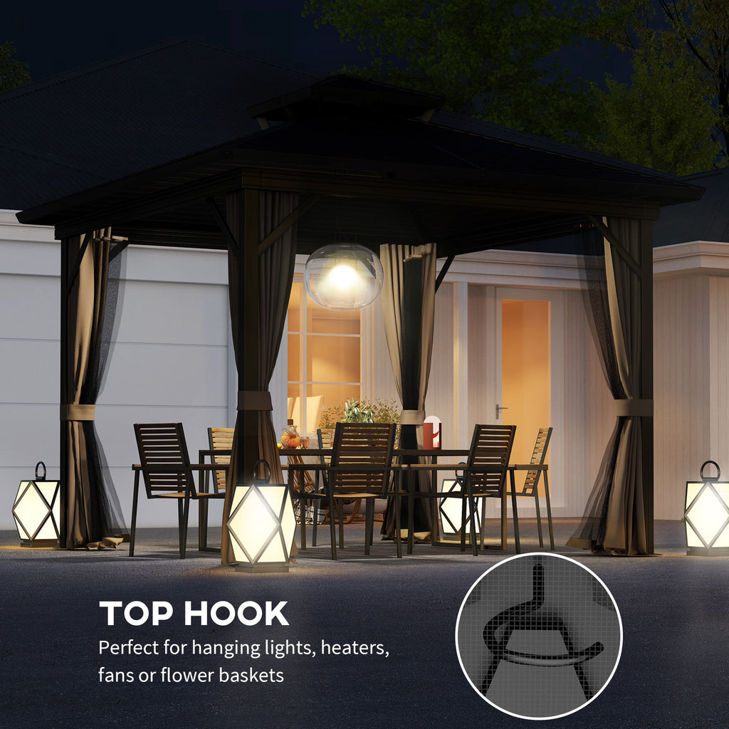10' x 10' Hardtop Gazebo with Double Roof, Curtains & Netting - Aluminum Frame, Dark Brown - lifestyle view
