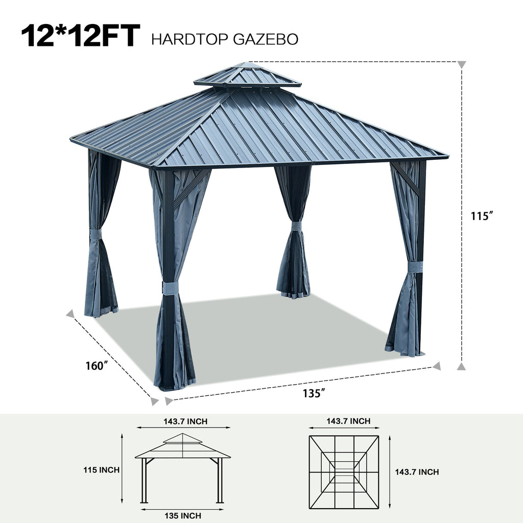 12' x 12' Hardtop Gazebo with Double Roof, Curtains & Netting - Aluminum Frame, Gray - installation view