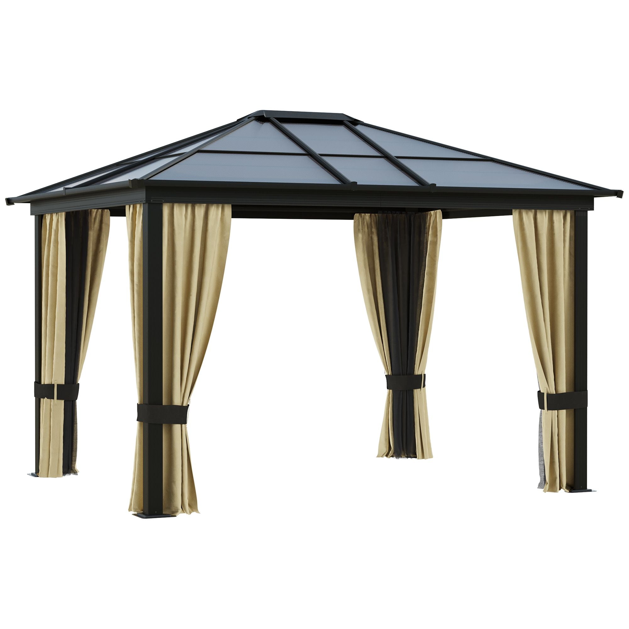 10' x 12' Hardtop Gazebo with Polycarbonate Roof, Curtains & Netting - Aluminum Frame, Beige - front view