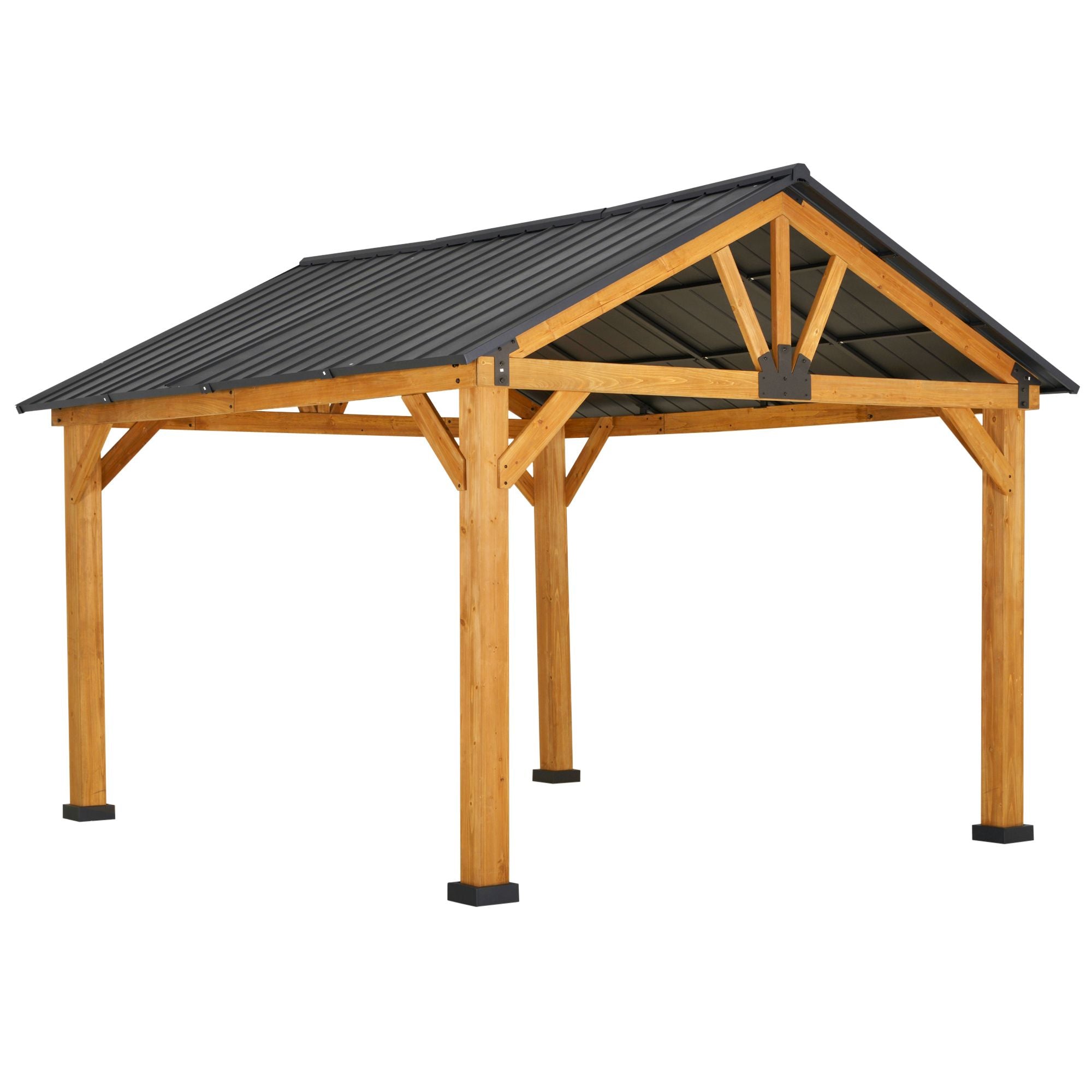 11' x 13' Hardtop Gazebo with Wood Frame & Steel Roof - Ceiling Hook Included, Natural/Black - front view