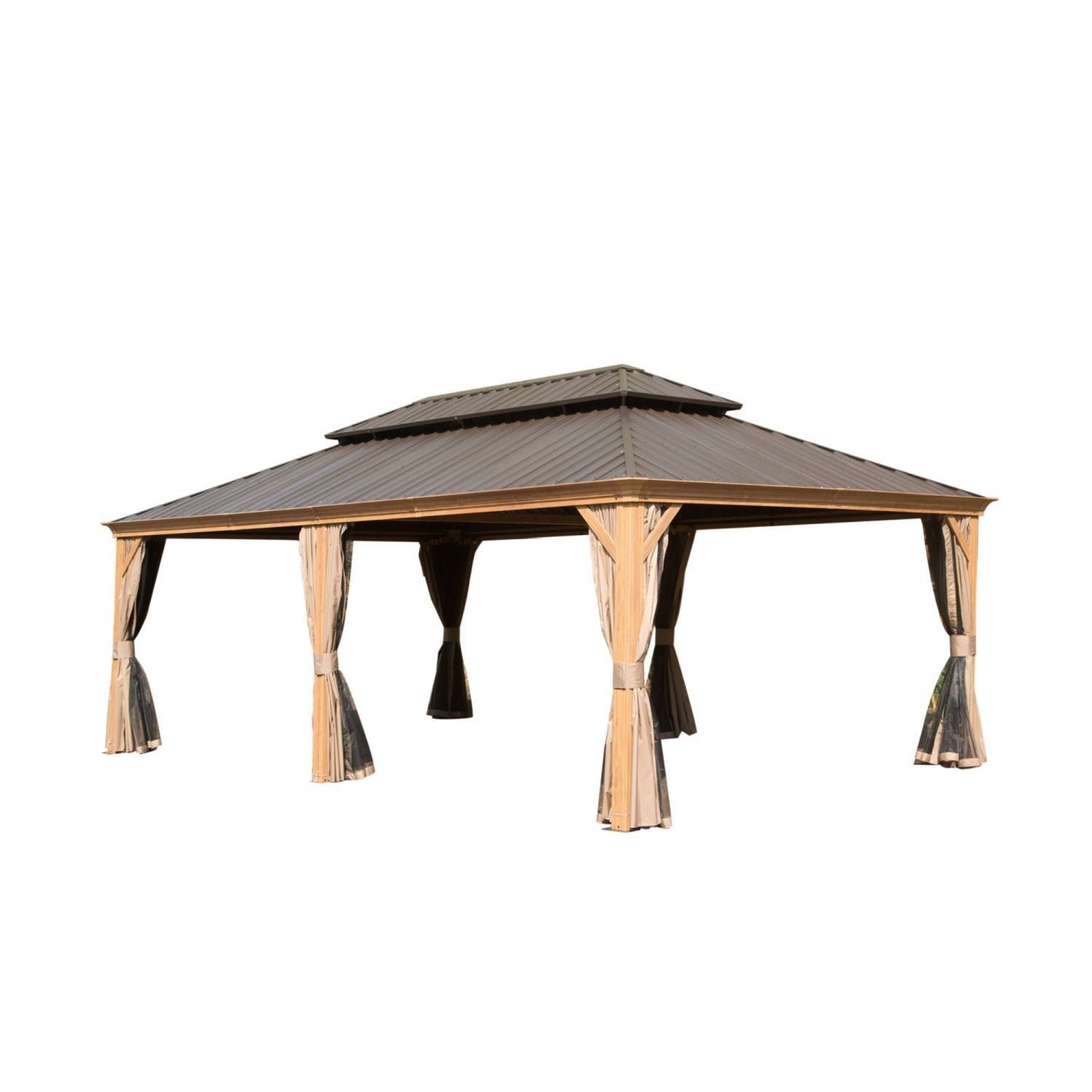 14' x 22' Hardtop Gazebo with Double Roof, Built-in Gutters, Curtains & Netting - Wood-Look Aluminum Frame