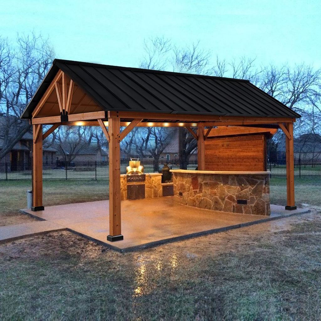 11' x 13' Hardtop Gazebo with Wood Frame & Steel Roof - Ceiling Hook Included, Natural/Black