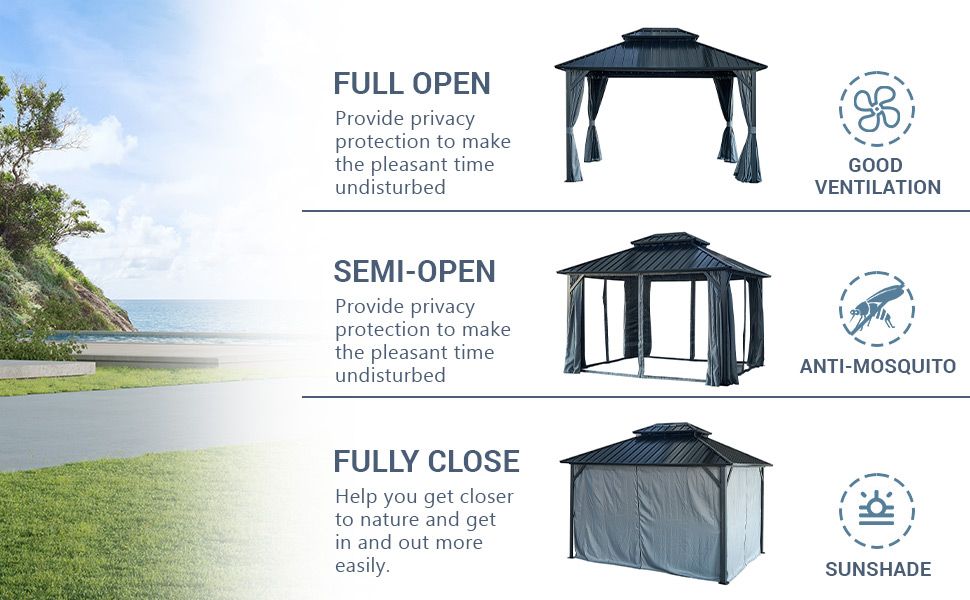 12' x 12' Hardtop Gazebo with Double Roof, Curtains & Netting - Aluminum Frame, Gray - installation view