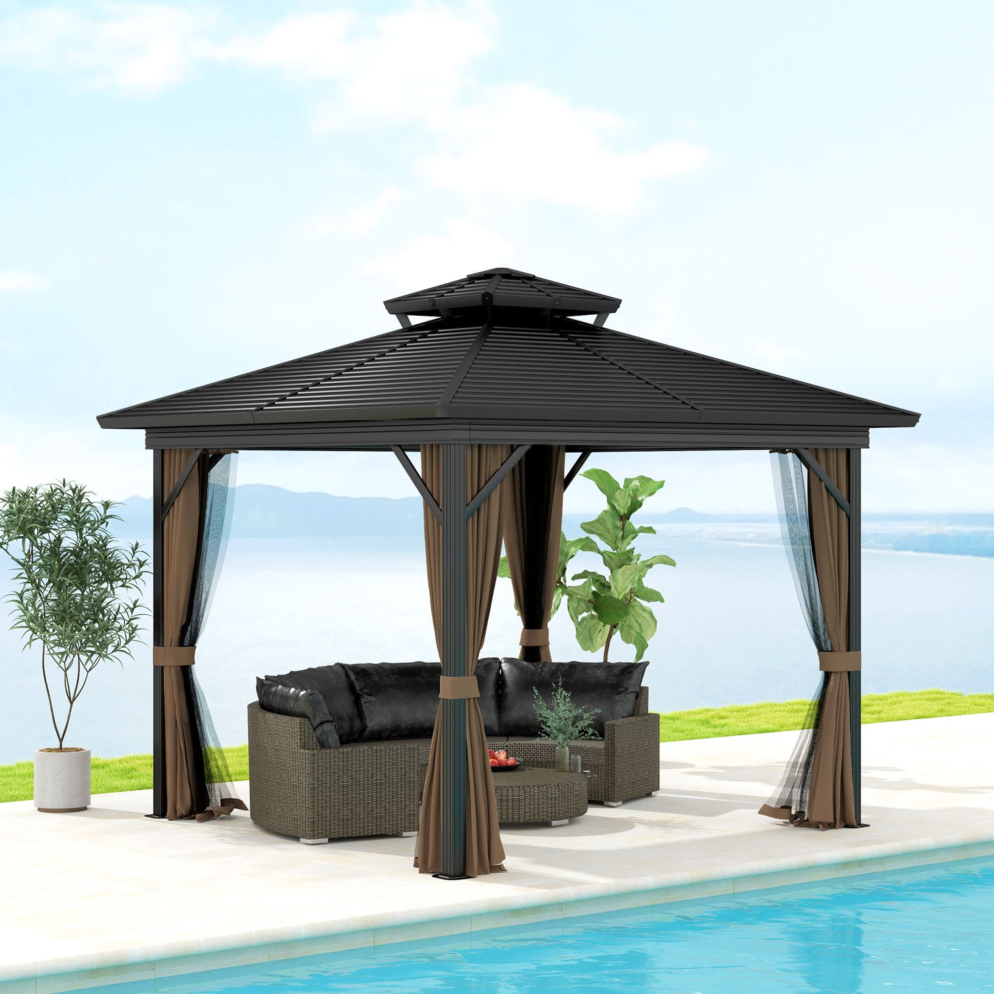 10' x 10' Hardtop Gazebo with Double Roof, Curtains & Netting - Aluminum Frame, Dark Brown