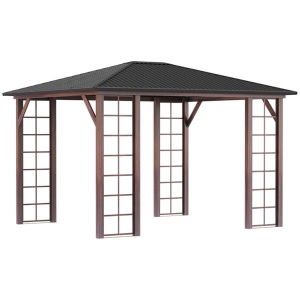 12' x 10' Hardtop Gazebo with Galvanized Steel Roof - Wood Grain Metal Frame, Brown/Gray - front view