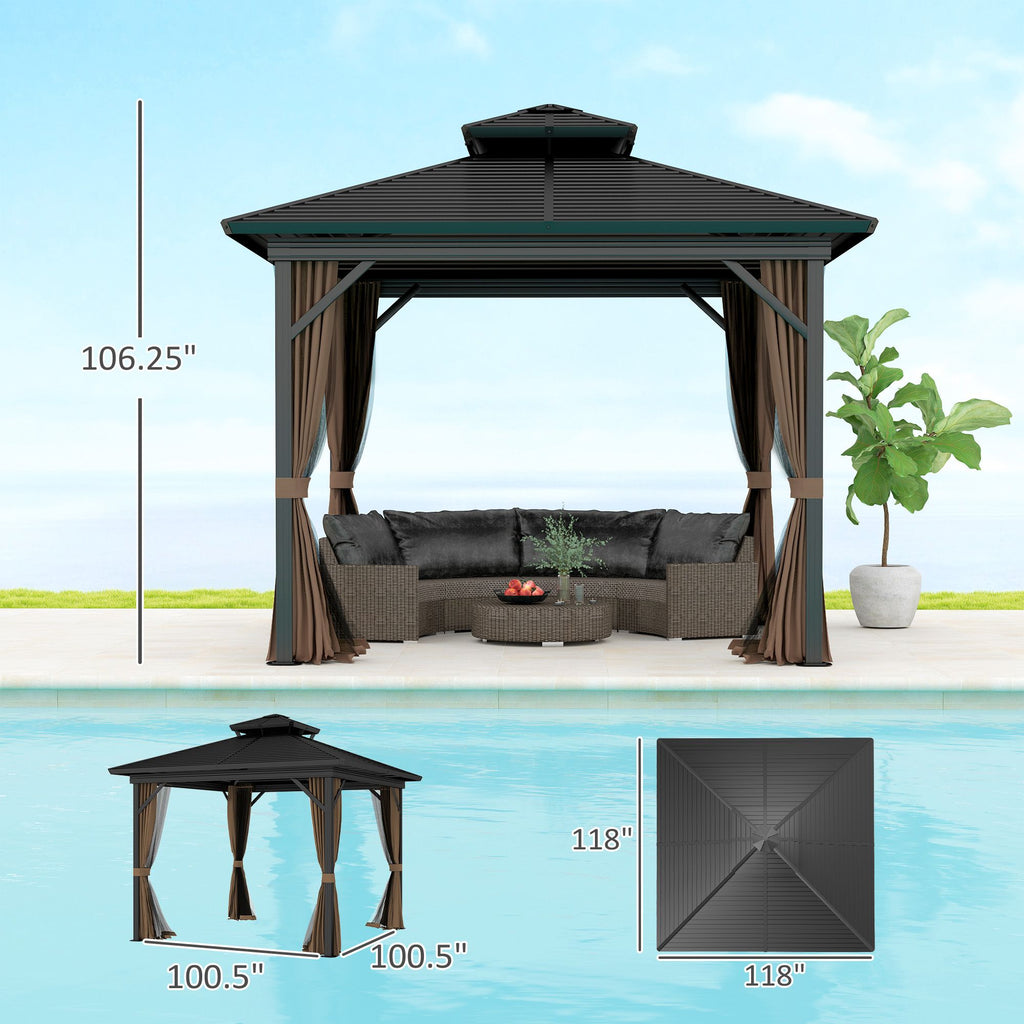 10' x 10' Hardtop Gazebo with Double Roof, Curtains & Netting - Aluminum Frame, Dark Brown - side view