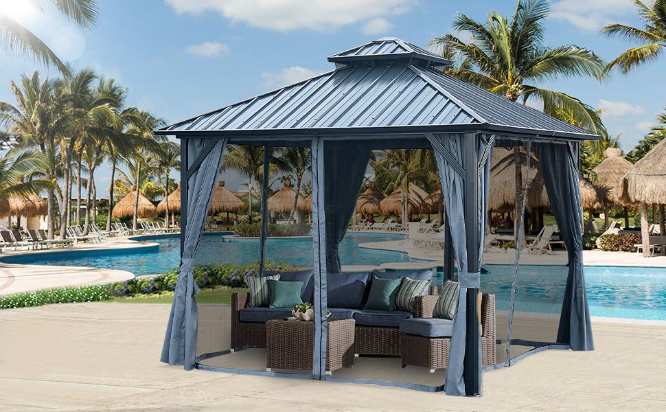 12' x 12' Hardtop Gazebo with Double Roof, Curtains & Netting - Aluminum Frame, Gray - installation view