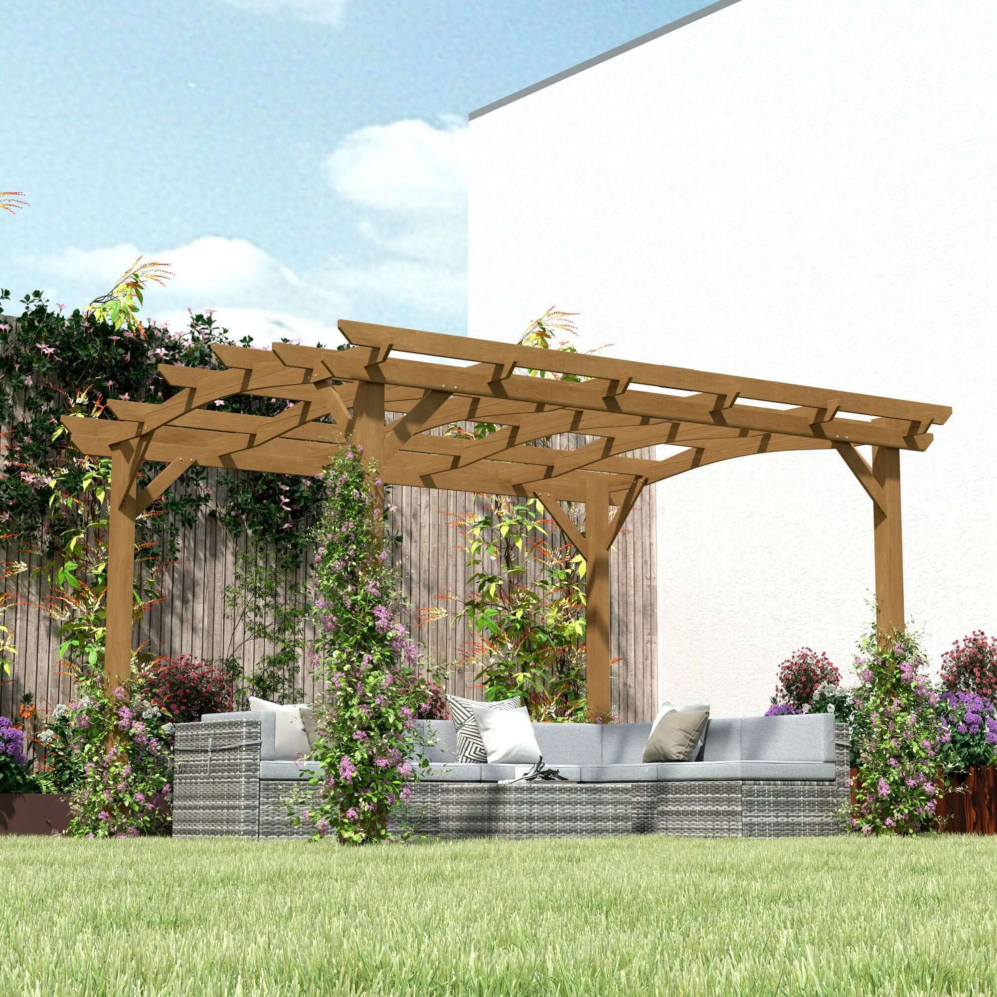 10' x 12' Wood Pergola with Arched Roof - Grape Trellis for Climbing Plants, Dark Brown - installation view