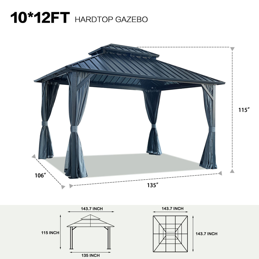 12' x 12' Hardtop Gazebo with Double Roof, Curtains & Netting - Aluminum Frame, Gray - installation view