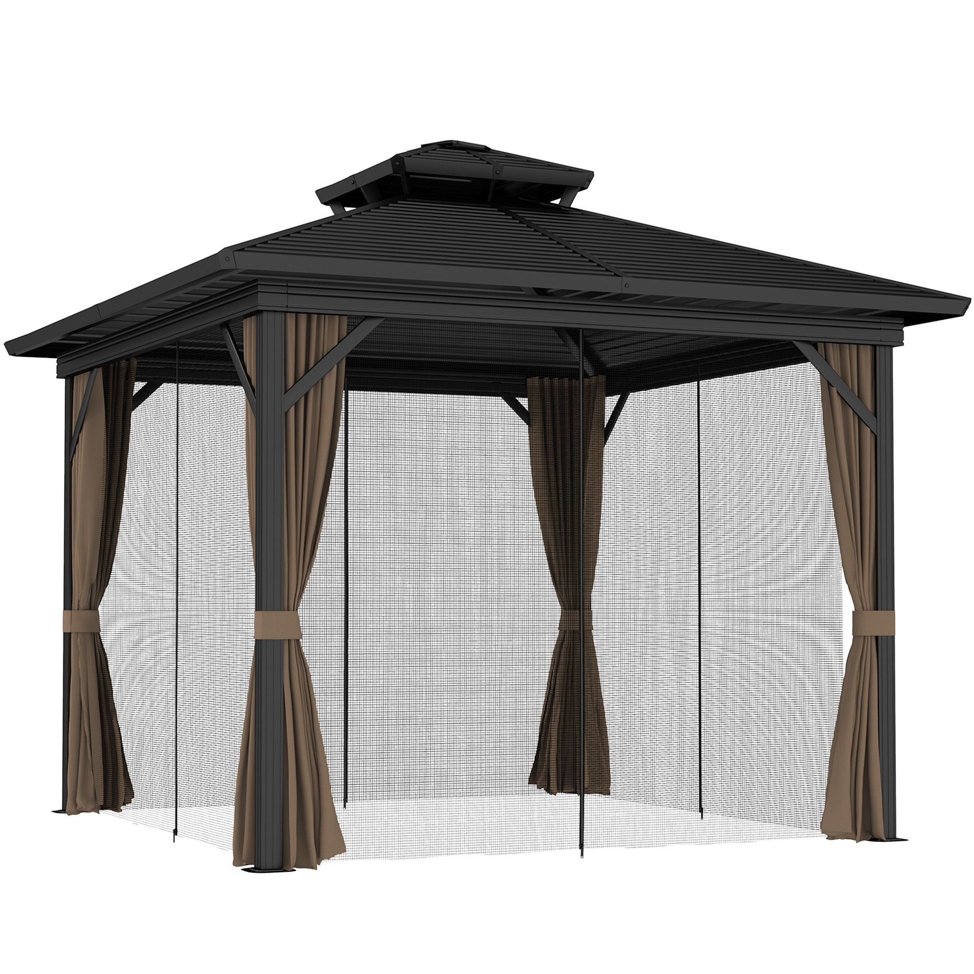 10' x 10' Hardtop Gazebo with Double Roof, Curtains & Netting - Aluminum Frame, Dark Brown - installation view