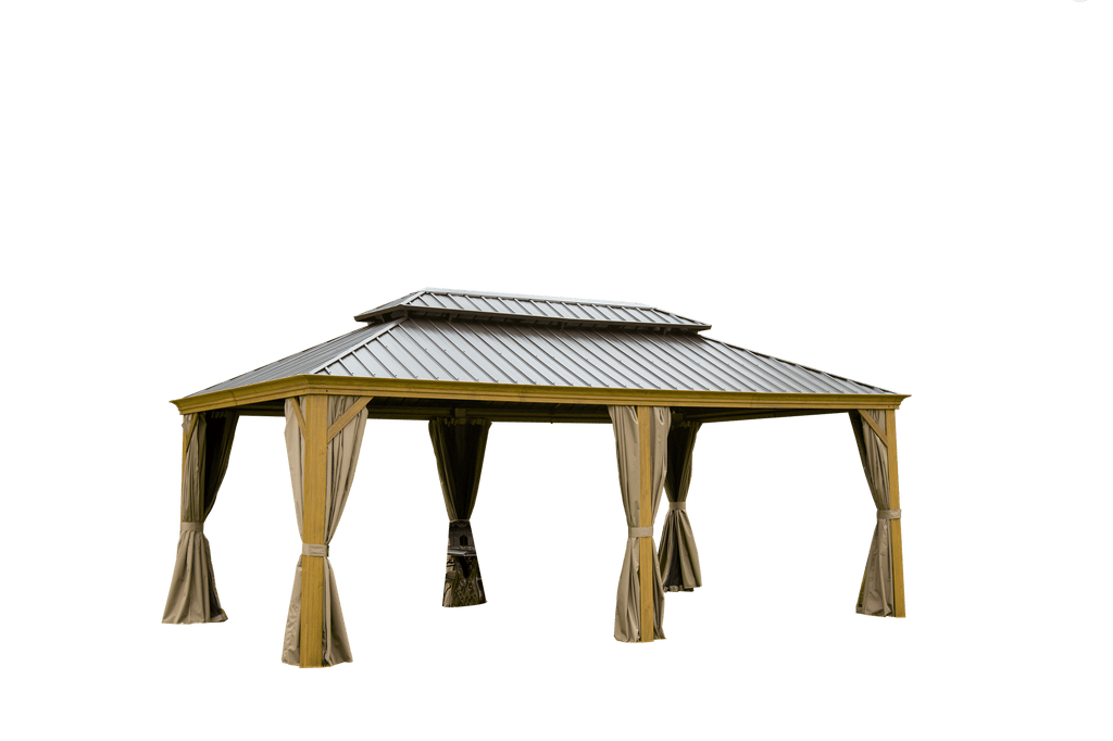 14' x 20' Hardtop Gazebo with Double Roof, Built-in Gutters, Curtains & Netting - Wood-Look Aluminum Frame