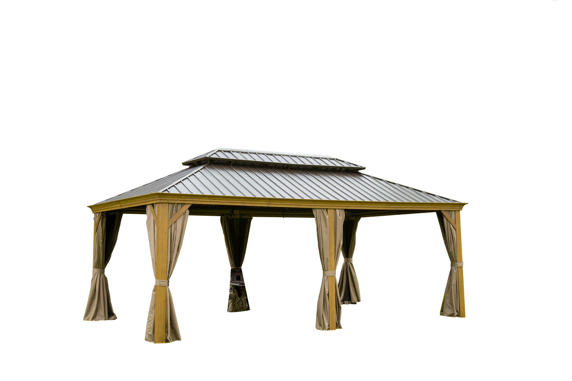 14' x 20' Hardtop Gazebo with Double Roof, Built-in Gutters, Curtains & Netting - Wood-Look Aluminum Frame