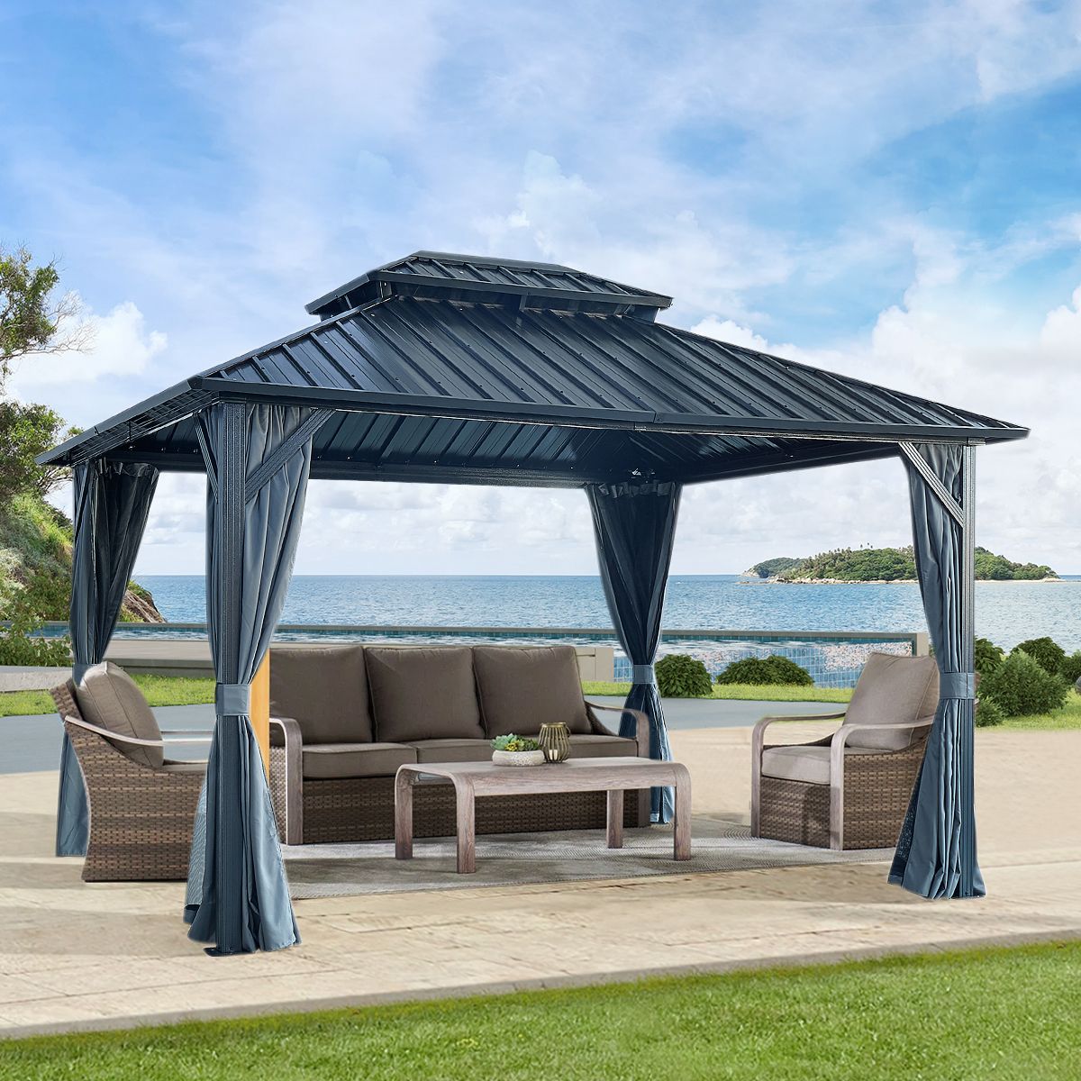 12' x 12' Hardtop Gazebo with Double Roof, Curtains & Netting - Aluminum Frame, Gray - installation view