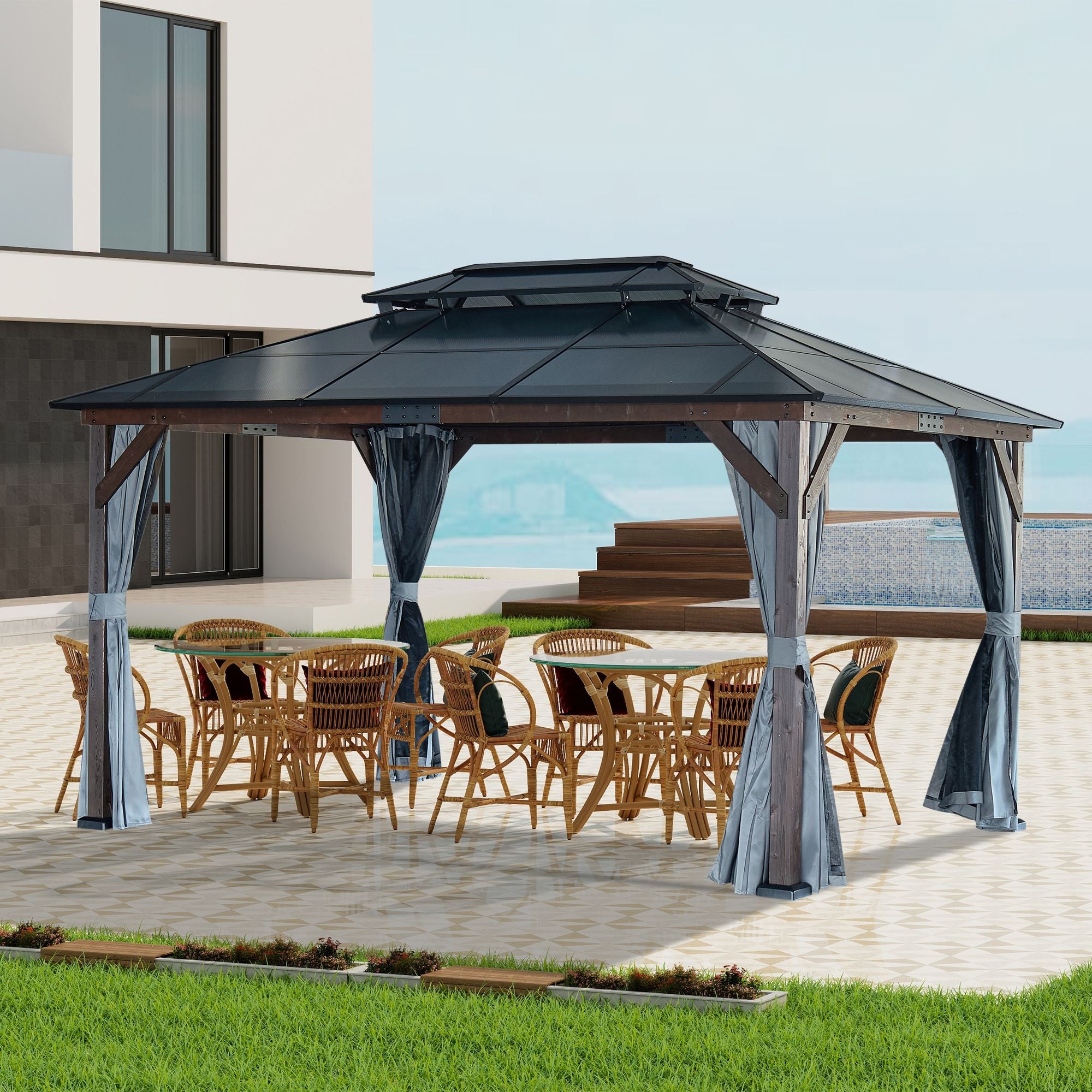 10' x 13' Gazebo with Double Roof, Curtains & Netting - Wood Legs, Gray - detail view