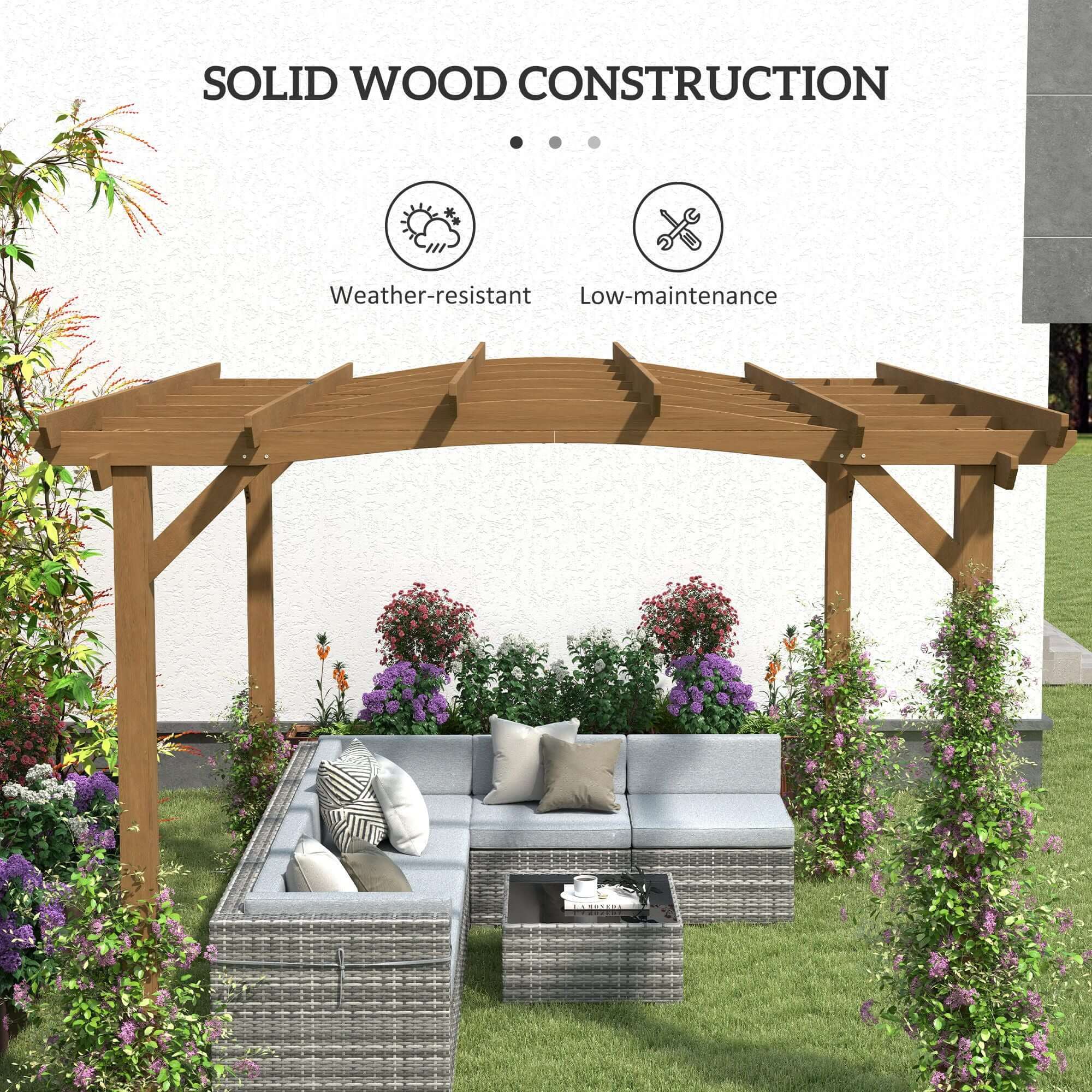 10' x 12' Wood Pergola with Arched Roof - Grape Trellis for Climbing Plants, Dark Brown - detail view
