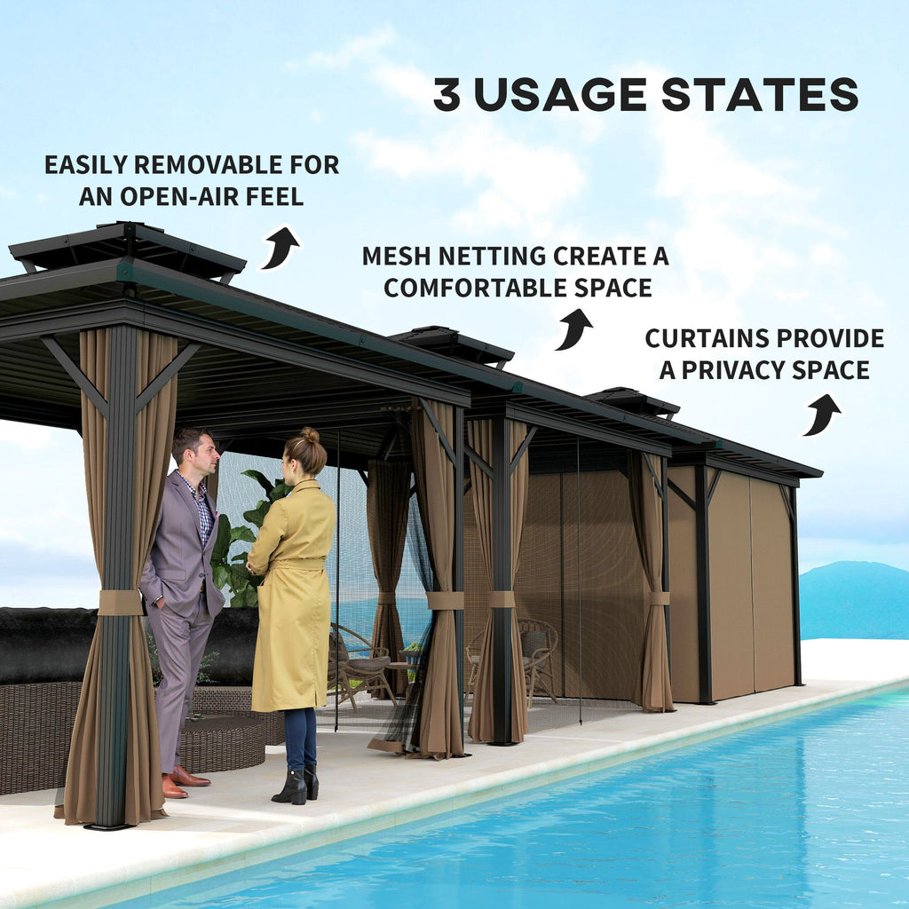 10' x 10' Hardtop Gazebo with Double Roof, Curtains & Netting - Aluminum Frame, Dark Brown - installation view