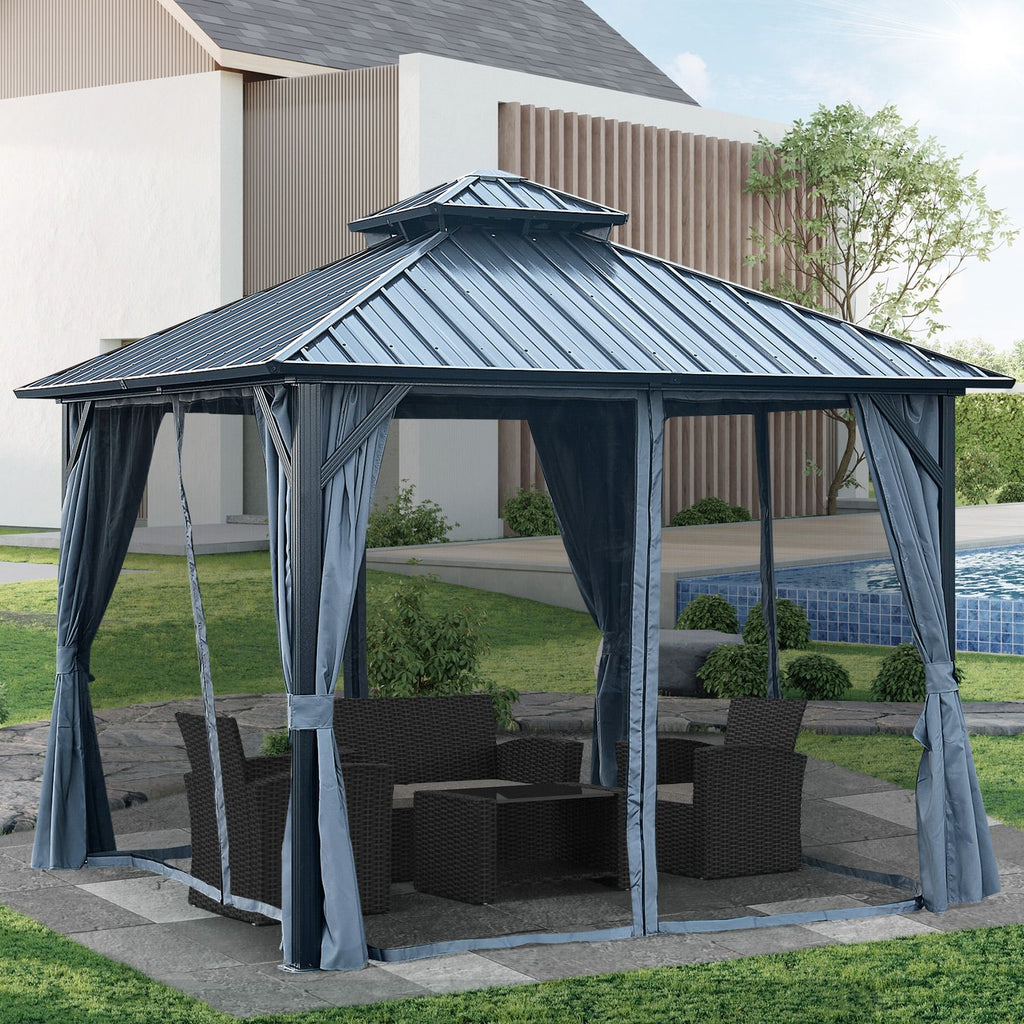 12' x 12' Hardtop Gazebo with Double Roof, Curtains & Netting - Aluminum Frame, Gray