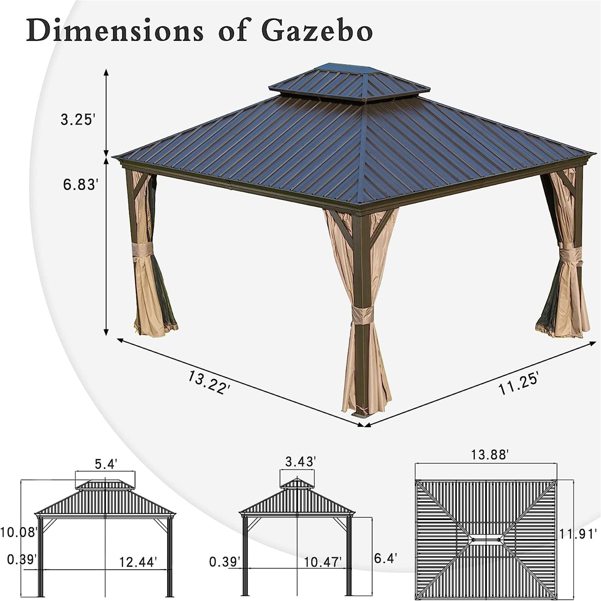 12' x 14' Hardtop Gazebo with Double Roof, Curtains & Netting - Aluminum Frame, Brown - installation view
