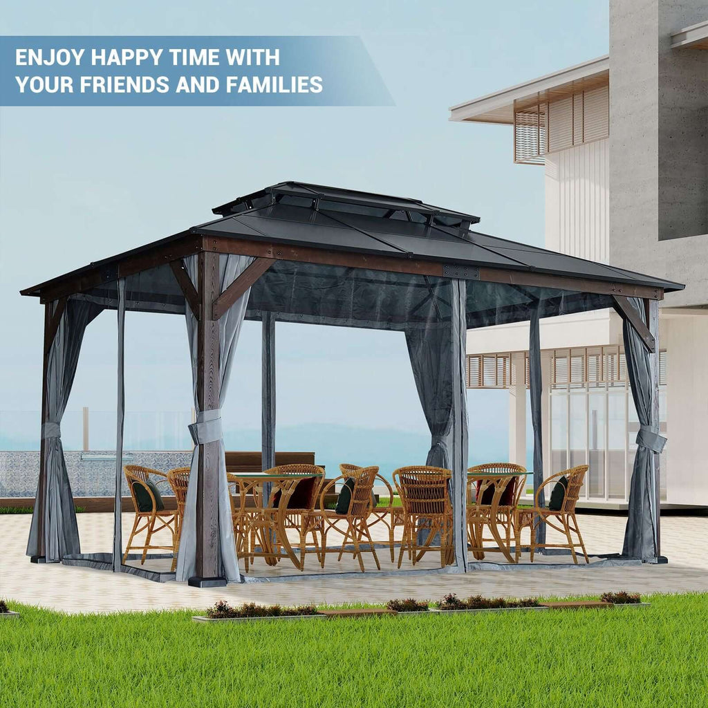 10' x 13' Gazebo with Double Roof, Curtains & Netting - Wood Legs, Gray