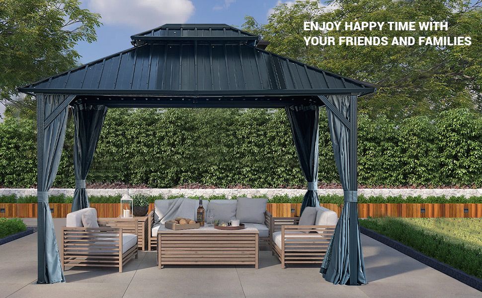 12' x 12' Hardtop Gazebo with Double Roof, Curtains & Netting - Aluminum Frame, Gray - installation view