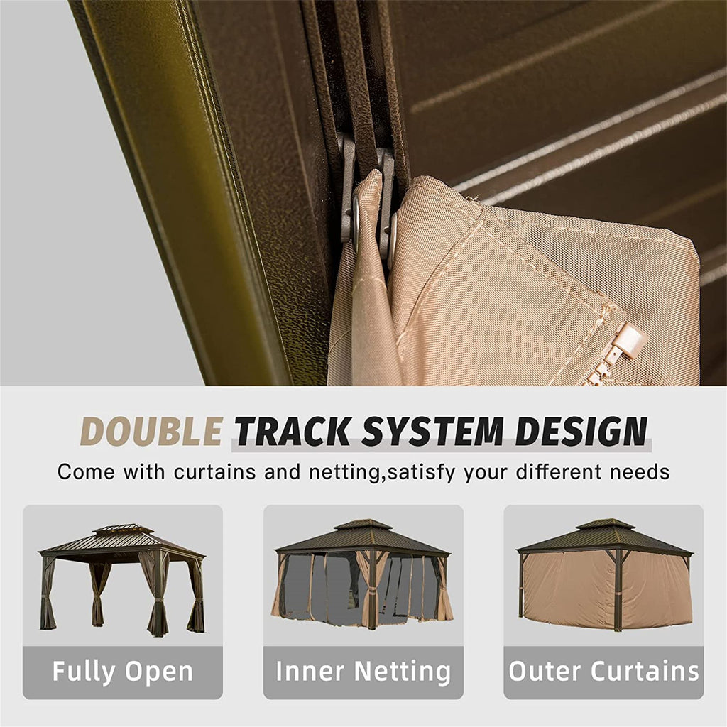 12' x 14' Hardtop Gazebo with Double Roof, Curtains & Netting - Aluminum Frame, Brown - lifestyle view