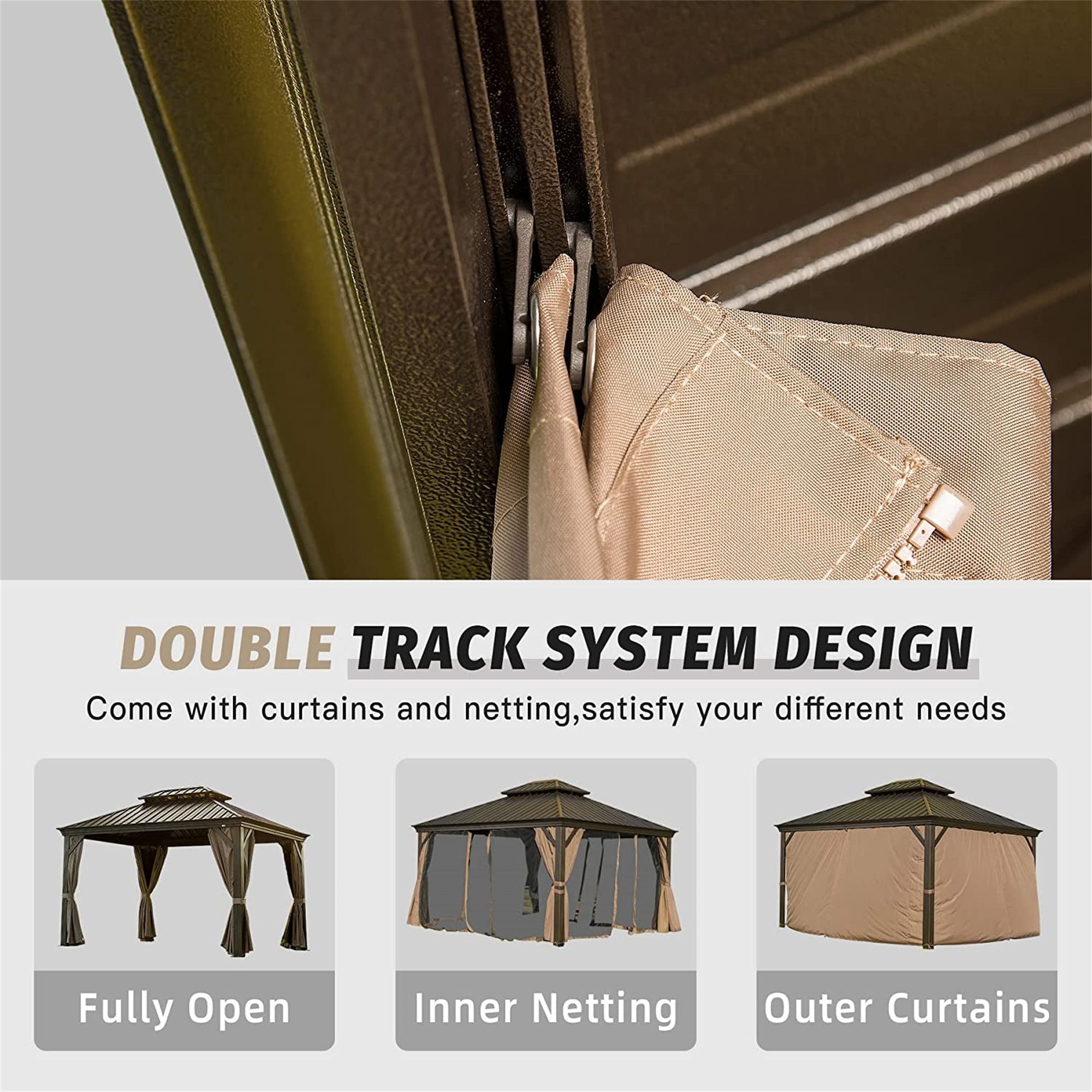 12' x 14' Hardtop Gazebo with Double Roof, Curtains & Netting - Aluminum Frame, Brown - lifestyle view