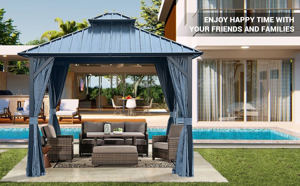 12' x 12' Hardtop Gazebo with Double Roof, Curtains & Netting - Aluminum Frame, Gray - front view