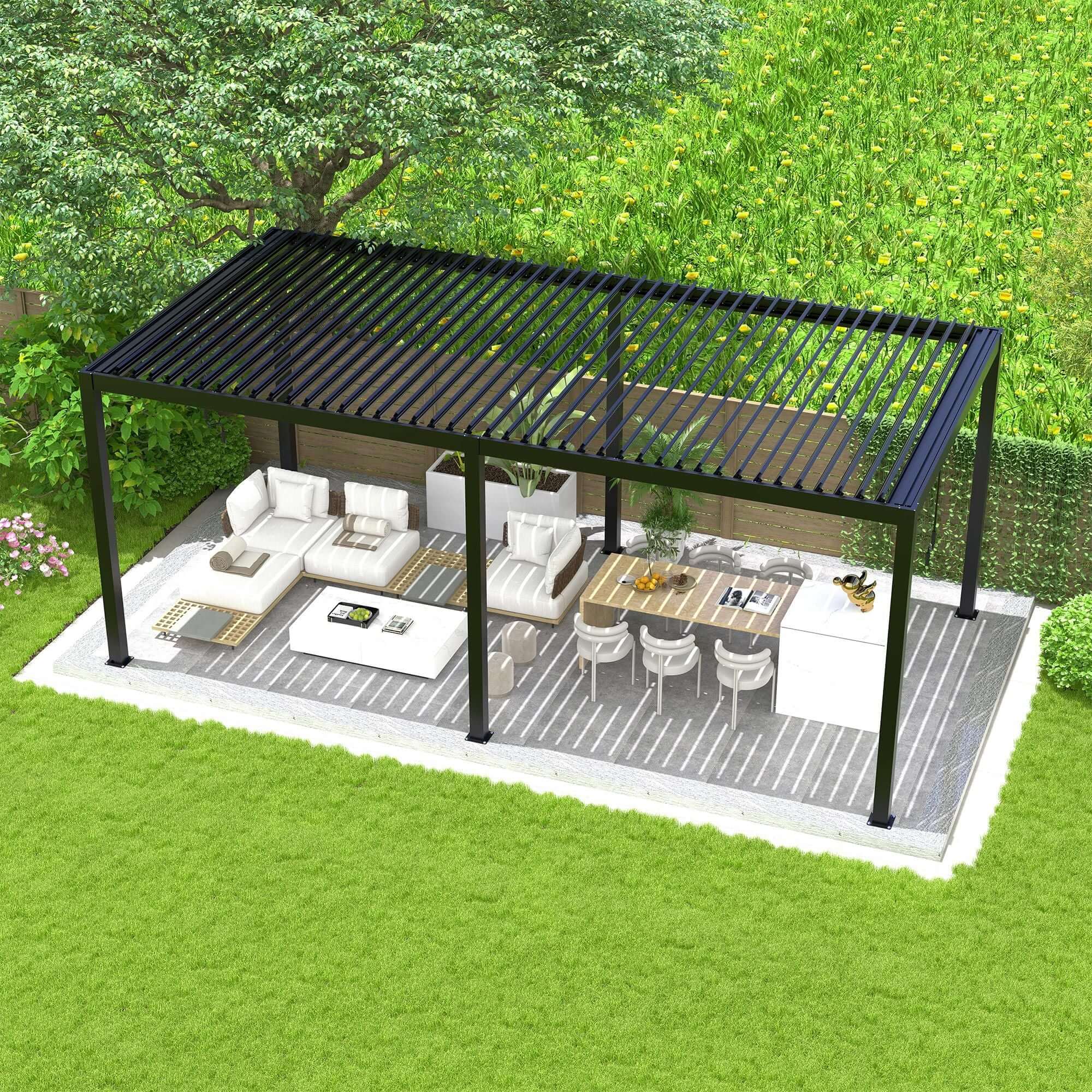 10' x 19' Louvered Pergola with Adjustable Roof - Aluminum Frame, Steel Louvers, Black