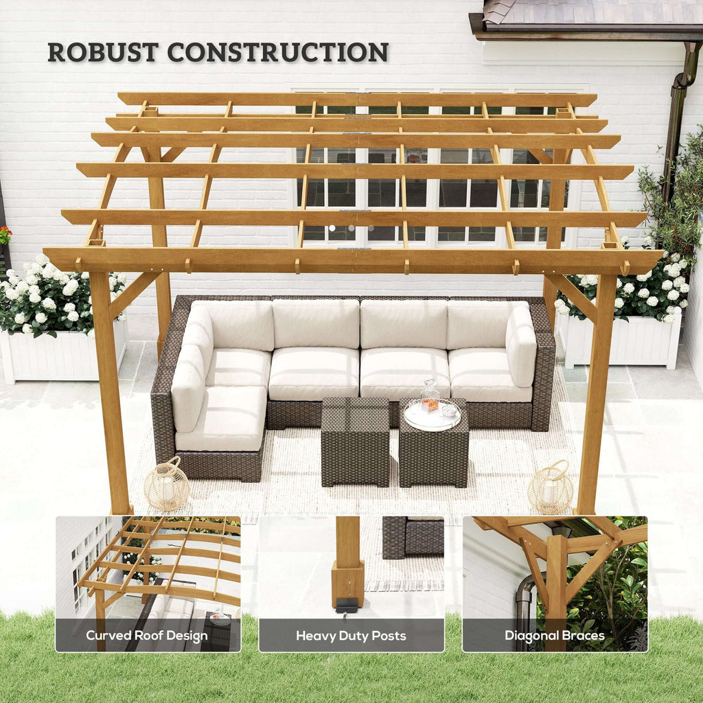 10' x 12' Wood Pergola with Arched Roof - Grape Trellis for Climbing Plants, Dark Brown - installation view