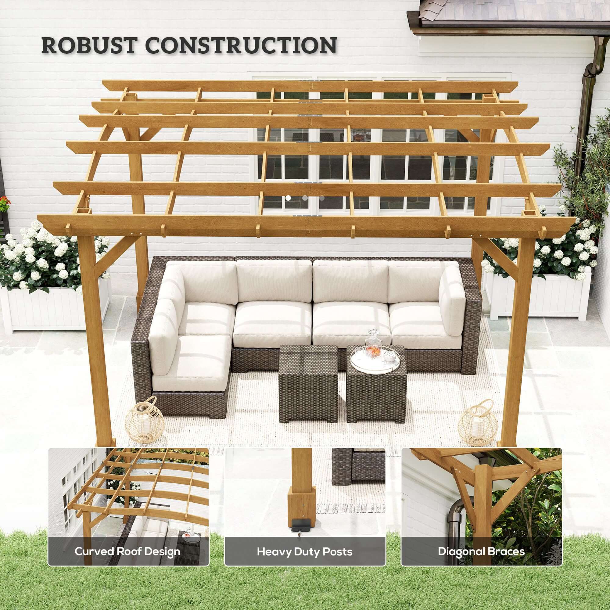 10' x 12' Wood Pergola with Arched Roof - Grape Trellis for Climbing Plants, Dark Brown - installation view