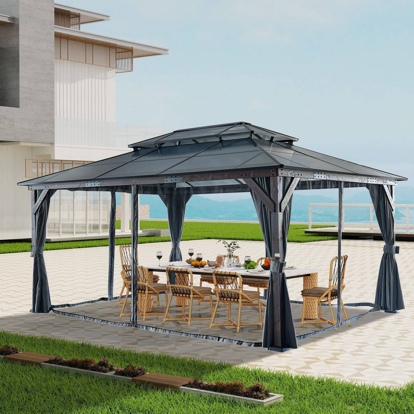 10' x 13' Gazebo with Double Roof, Curtains & Netting - Wood Legs, Gray - lifestyle view