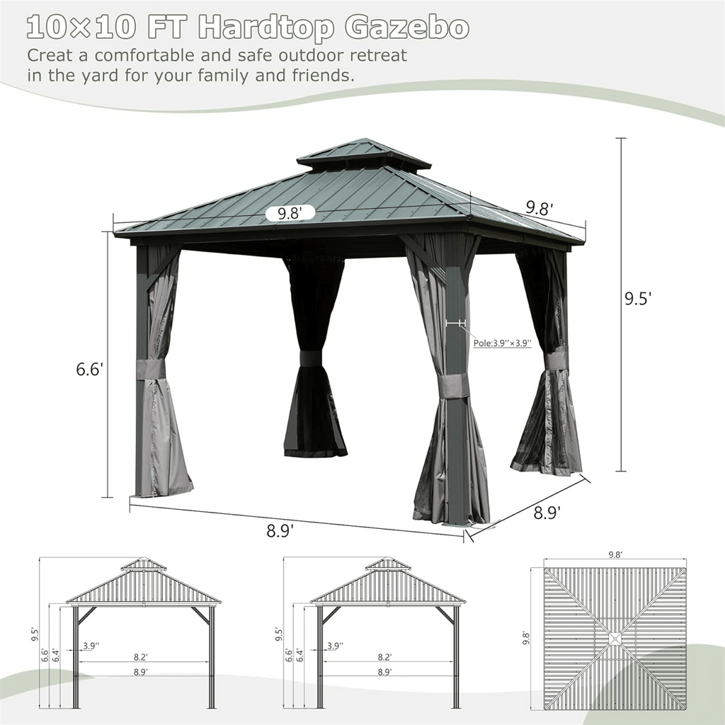 10' x 10' Hardtop Gazebo with Double Roof, Curtains & Netting - Aluminum Frame, Gray - installation view