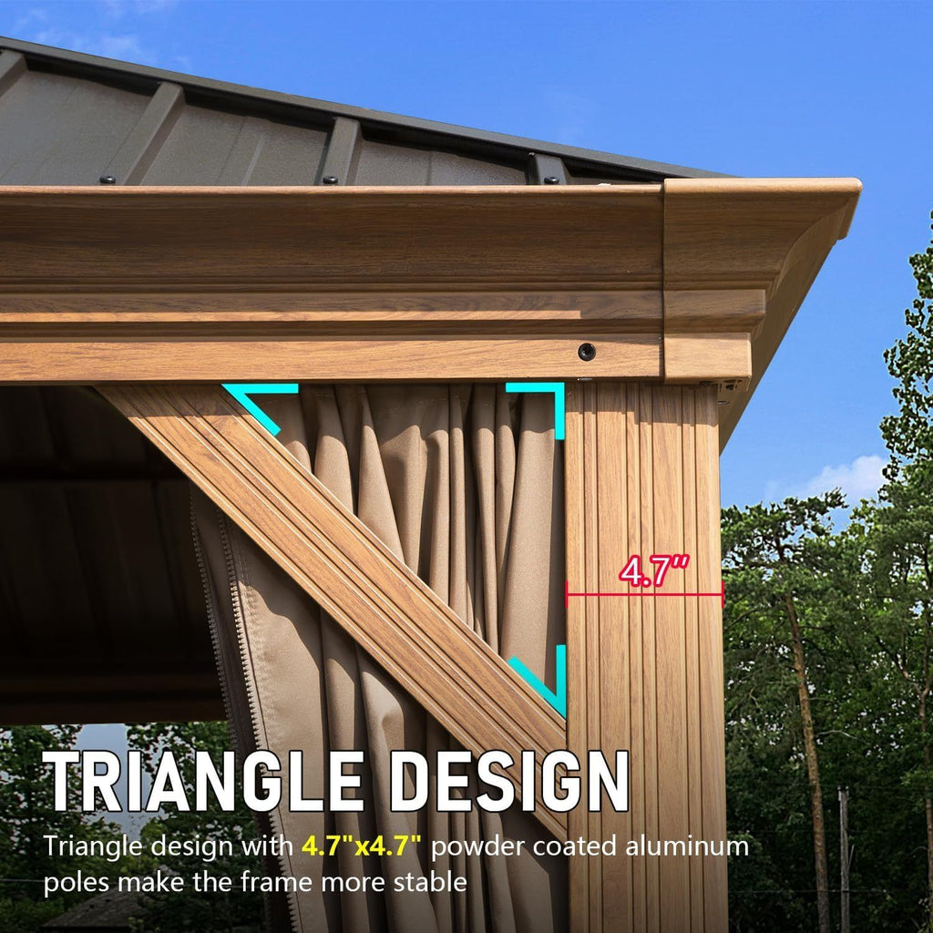 14' x 22' Hardtop Gazebo with Double Roof, Built-in Gutters, Curtains & Netting - Wood-Look Aluminum Frame - detail view
