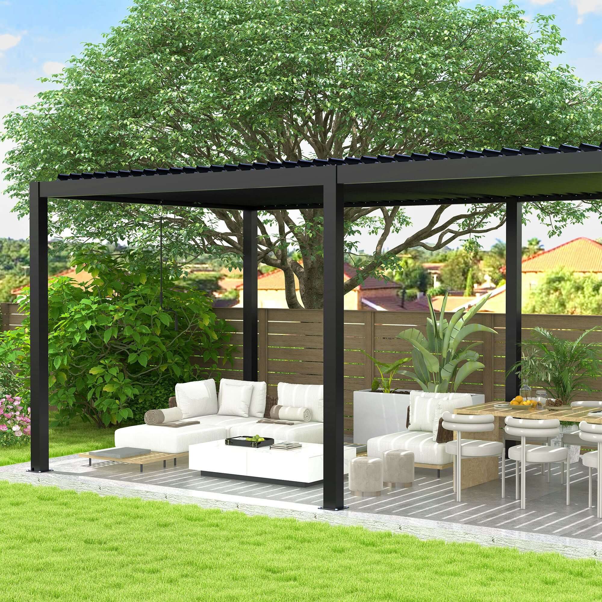 10' x 19' Louvered Pergola with Adjustable Roof - Aluminum Frame, Steel Louvers, Black - installation view