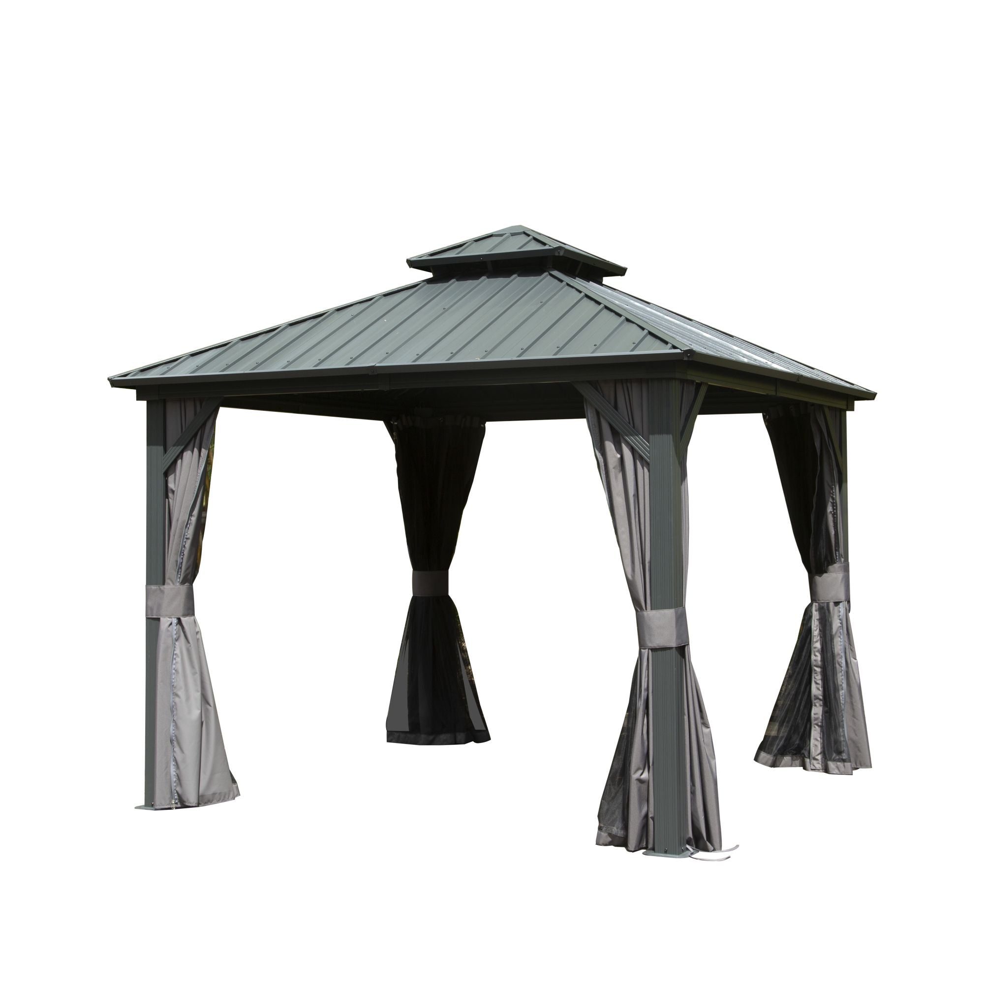 10' x 10' Hardtop Gazebo with Double Roof, Curtains & Netting - Aluminum Frame, Gray